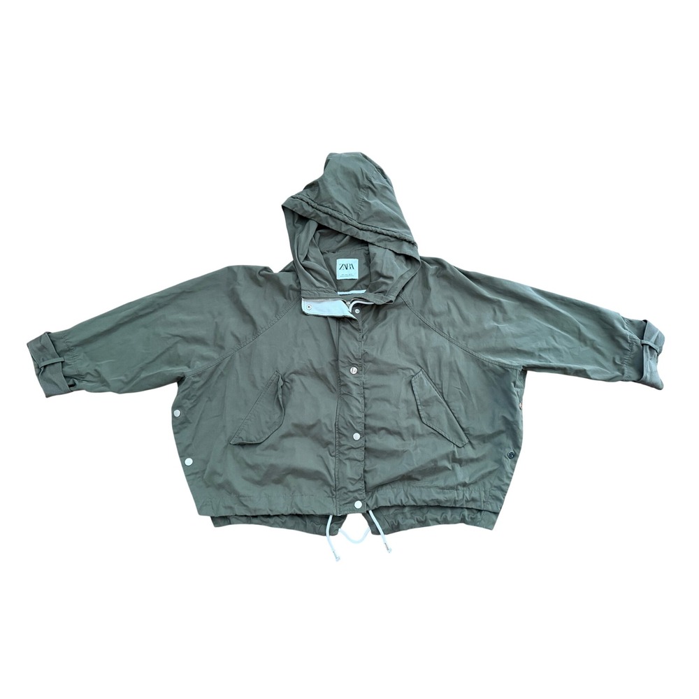 Zara Hooded Utility Jacket Women L Green Excellent Oversized Snap Rain Anorak